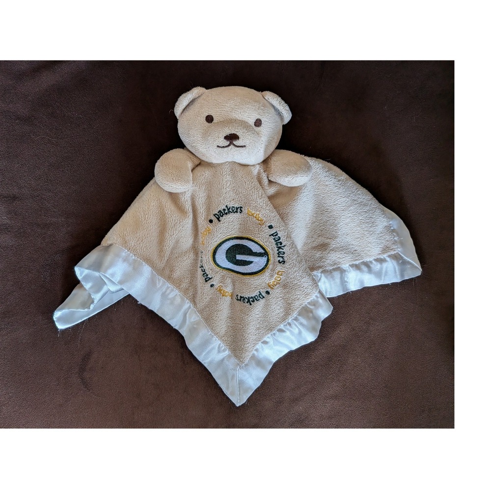 Baby Fanatic Green Bay Packers Bear Security Blanket Lovey Tan White Satin Trim